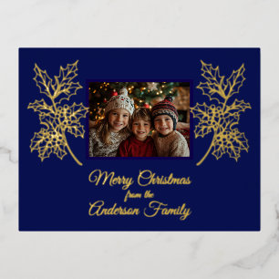 Merry Christmas Photo Midnight Blue Foil Holiday Postcard