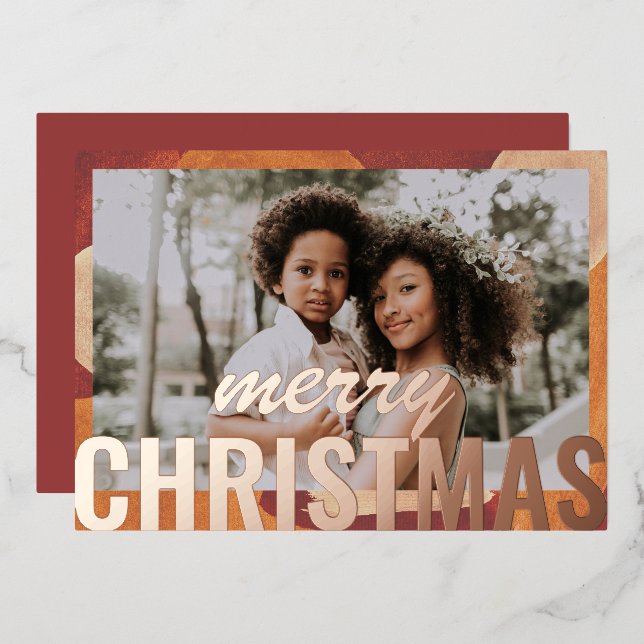 Merry Christmas Photo Modern Abstract Watercolor Foil Holiday Card (Front/Back)