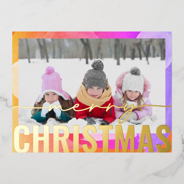 Merry Christmas Photo Modern Abstract Watercolor Foil Holiday Postcard (Front)