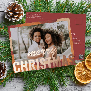 Merry Christmas Photo Modern Abstract Watercolor Foil Holiday Postcard