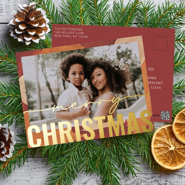 Merry Christmas Photo Modern Abstract Watercolor Foil Holiday Postcard (Creator Uploaded)