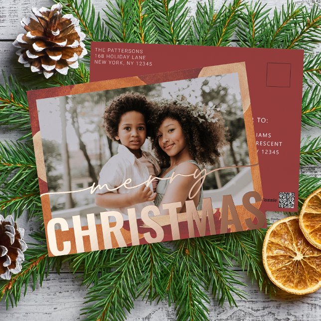 Merry Christmas Photo Modern Abstract Watercolor Foil Holiday Postcard (Creator Uploaded)