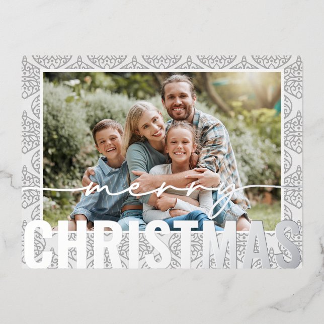 Merry Christmas Photo Modern Festive Pattern Foil Holiday Postcard (Front)