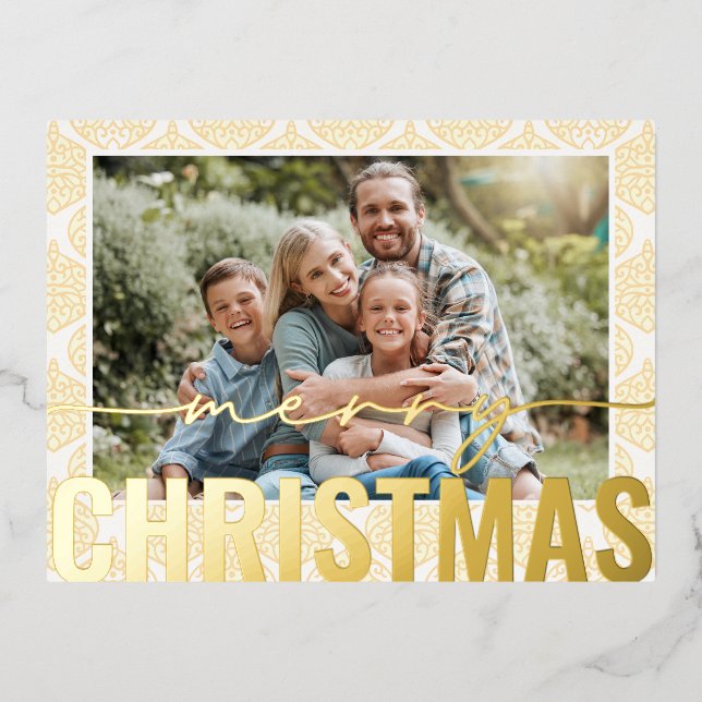 Merry Christmas Photo Modern Gold Festive Pattern Foil Holiday Postcard (Front)