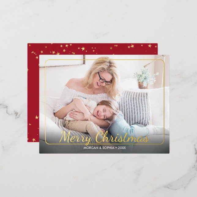 Merry Christmas, Photo, Name & Message Gold Foil Holiday Postcard (Front/Back)