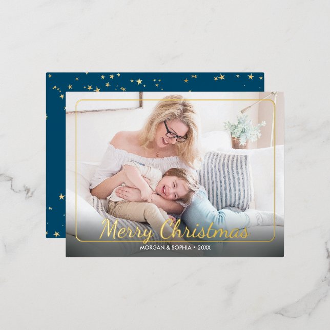 Merry Christmas, Photo, Name & Message Gold Foil Holiday Postcard (Front/Back)