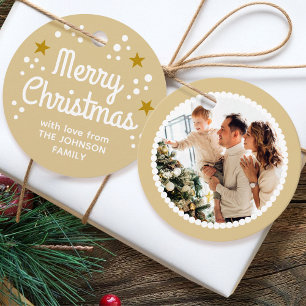 Merry Christmas Photo Name Simple Gold Round Gift Favour Tags
