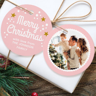 Merry Christmas Photo Name Simple Pink Round Gift Favour Tags