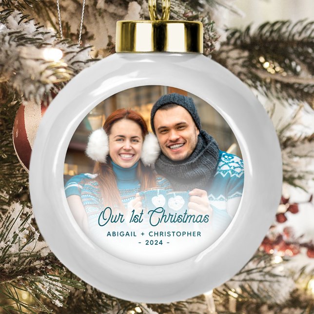 Merry Christmas Photo Newlywed Turquoise Script Ceramic Ball Christmas Ornament (Creator Uploaded)