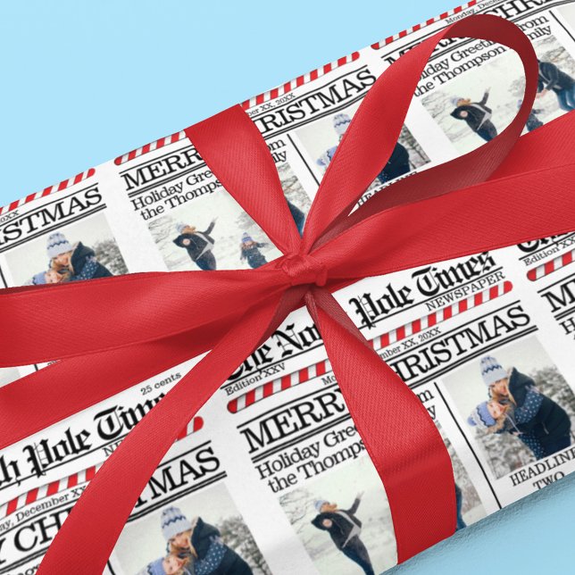 Merry Christmas Photo Newspaper Custom Wrapping Paper (Merry Christmas whimsical photo newspaper wrapping paper. )