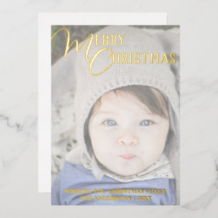 Merry Christmas Photo Overlay White Chic Gold Foil Holiday Card