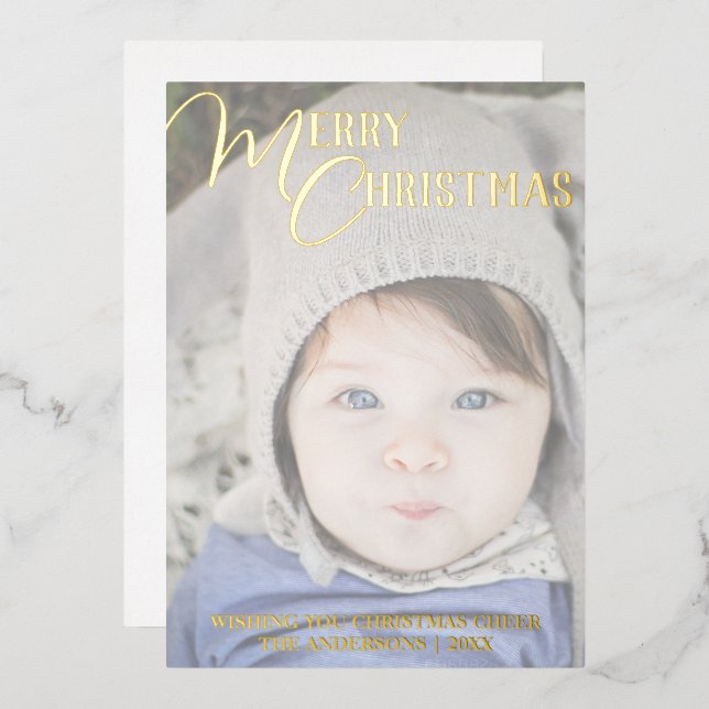 Merry Christmas Photo Overlay White Chic Gold Foil Holiday Card (Front/Back)