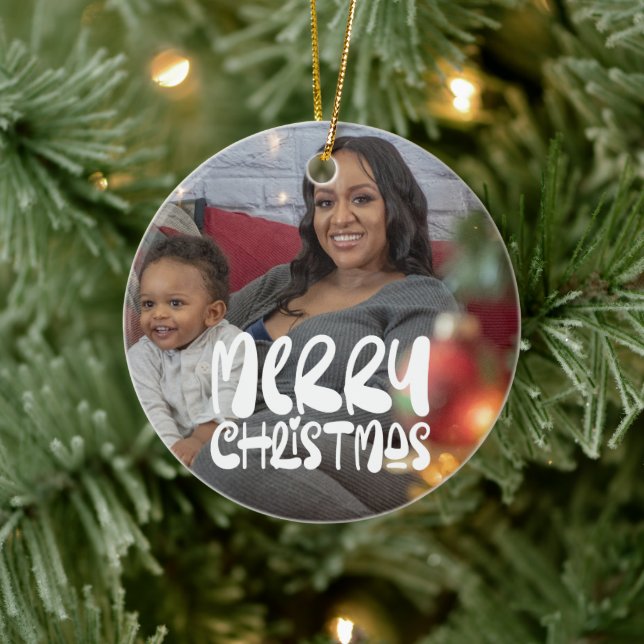 Merry Christmas Photo Personalised Ceramic Tree Decoration (Tree)