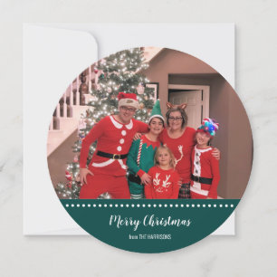 Merry Christmas Photo Personalised Green Round Holiday Card