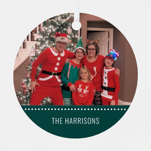 Merry Christmas Photo Personalised Round Green Metal Tree Decoration (Front)