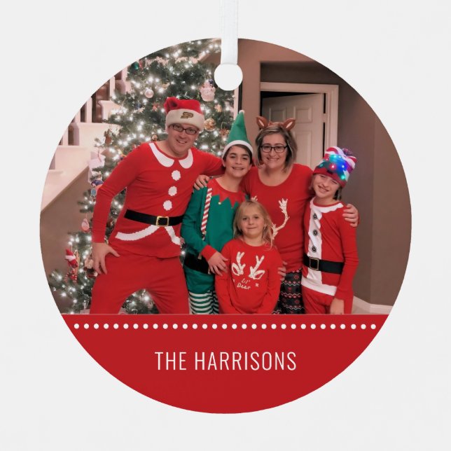 Merry Christmas Photo Personalised Round Red Metal Tree Decoration (Front)