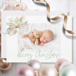 Merry Christmas Photo Pink Gold Pastel Poinsettia Holiday Card