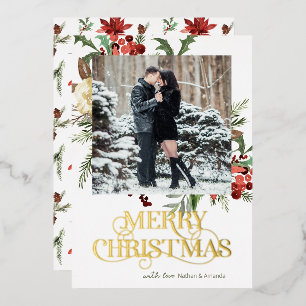 Merry Christmas Photo Poinsettia Foil Holiday Card