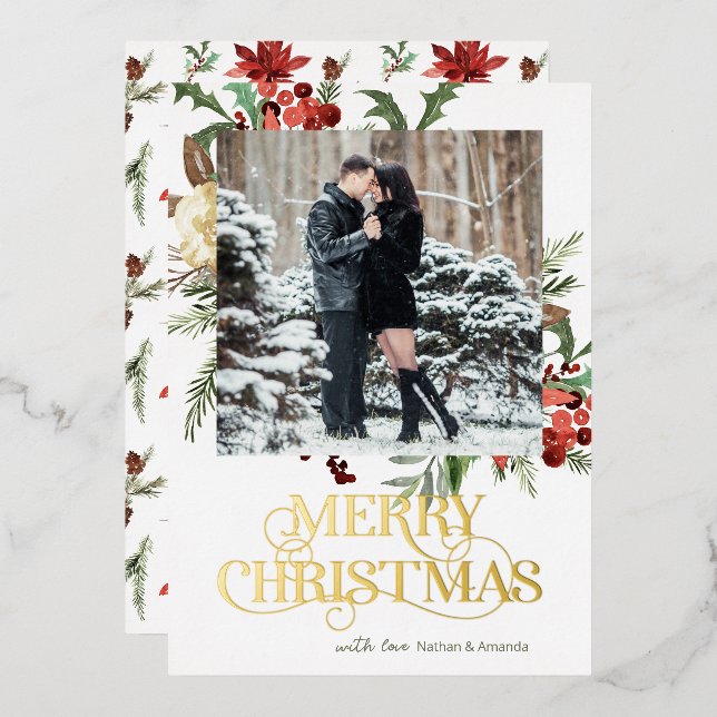 Merry Christmas Photo Poinsettia Foil Holiday Card (Front/Back)