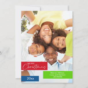 Merry Christmas Photo Red Green Blue Stripe Simple Holiday Card