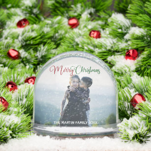 Merry Christmas Photo Red Green Script Overlay Snowglobe