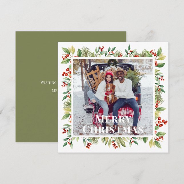 Merry Christmas Photo Red Holly Botanical Greenery Holiday Card (Front/Back)