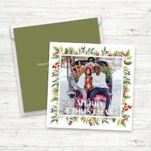 Merry Christmas Photo Red Holly Botanical Greenery Holiday Card