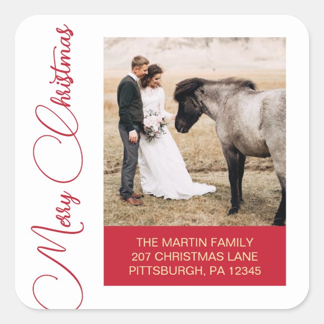 Merry Christmas Photo Red Return Address Square Sticker (Front)