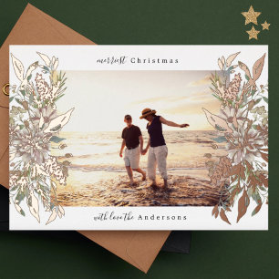 Merry Christmas Photo Rose Gold Botanical Floral Foil Holiday Card