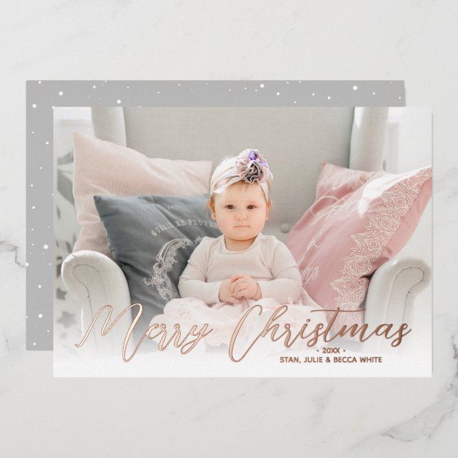 Merry Christmas Photo Rose Gold Foil Holiday Card (Front/Back)