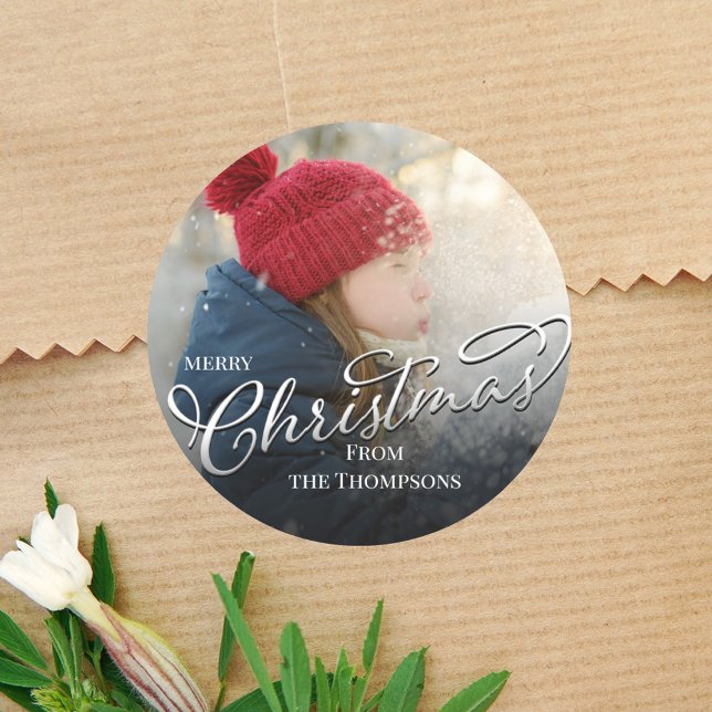 Merry Christmas Photo Silver Calligraphy Script  Classic Round Sticker (Simple calligraphy script photo label with a simple full bleed photo template. )
