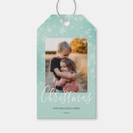 Merry Christmas Photo Simple Snowflakes Green Gift Tags