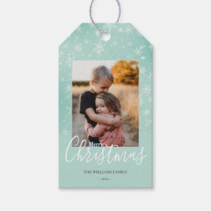 Merry Christmas Photo Simple Snowflakes Green Gift Tags