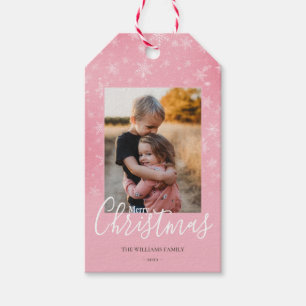 Merry Christmas Photo Simple Snowflakes Pink Gift Tags