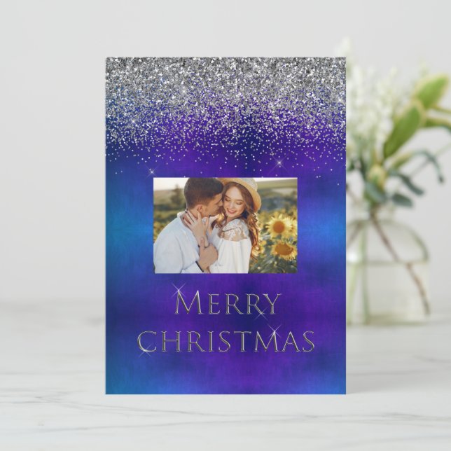 Merry Christmas Photo Typography Glitter Elegant Holiday Card (Standing Front)