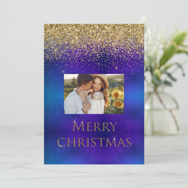 Merry Christmas Photo Typography Glitter Elegant Holiday Card (Standing Front)