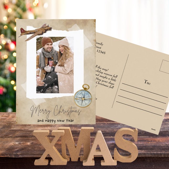 Merry Christmas Photo,Vintage Aeroplane & Compass Holiday Postcard (Creator Uploaded)