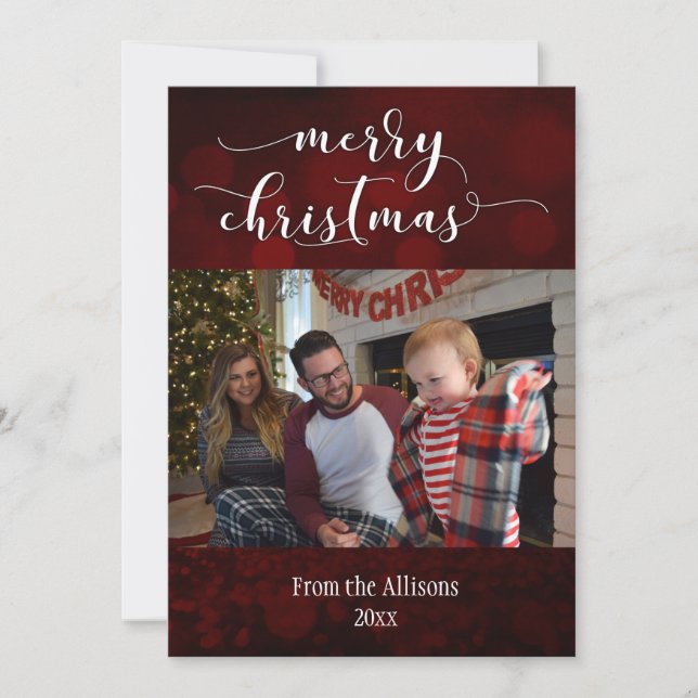 Merry Christmas Photo w/ Dark Red Background Holiday Card (Front)
