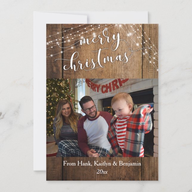 Merry Christmas Photo w/ Rustic Wood & Lights Holiday Card (Front)