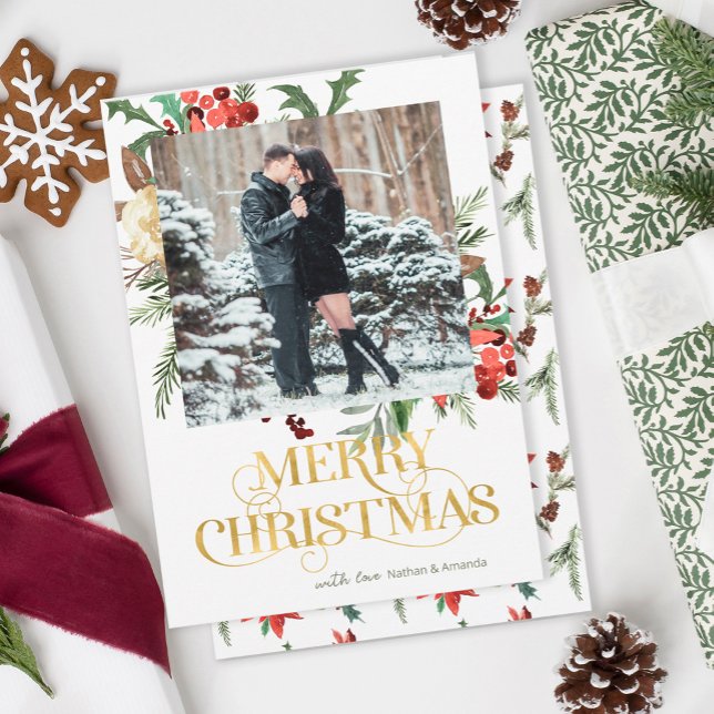 Merry Christmas Photo Watercolor Greenery Holiday Card (Creator Uploaded)