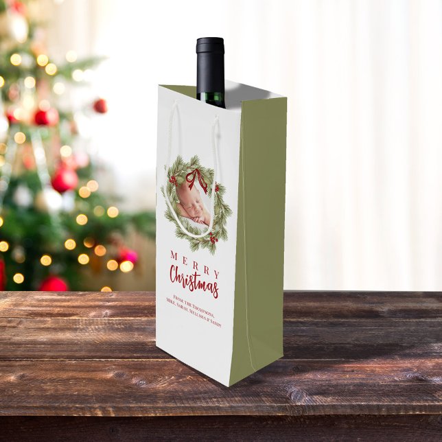 Merry Christmas Photo Watercolor Greenery Wreath  Wine Gift Bag (Custom green photo wreath greenery wine bag.)