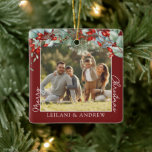 Merry Christmas Photo & Watercolor Holly Burgundy Ceramic Ornament<br><div class="desc">Create lasting holiday memories with our Personalised Merry Christmas Ceramic Ornament. Adorned with a watercolor holly and berries,  this square ornament allows you to customise a central photo and include names for a truly unique gift. Perfect for making your tree and Christmas even more special.</div>