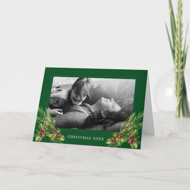 Merry Christmas | Photo Watercolor Holly & Pines Holiday Card (Front)