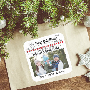 Merry Christmas Photo Whimsical Newspaper Print Square Sticker