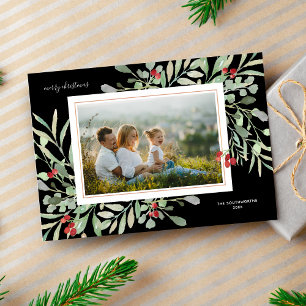 Merry Christmas Photo Winter Foliage Red Berries Holiday Card