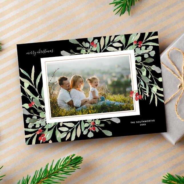 Merry Christmas Photo Winter Foliage Red Berries Holiday Card (Creator Uploaded)