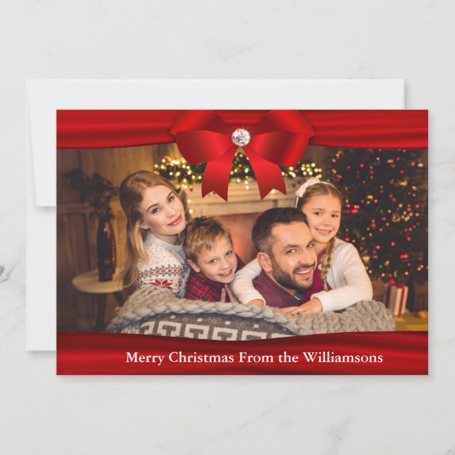 Merry Christmas Photo Wrapped in Red Ribbon Holiday Card (Front)