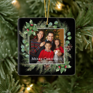 Merry Christmas Photo Wreath Botanical Ceramic Ornament