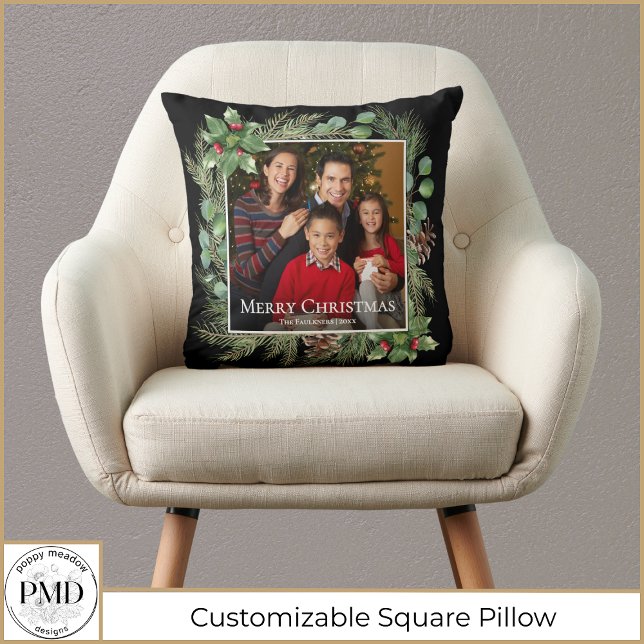 Merry Christmas Photo Wreath Botanical Cushion (Merry Christmas Photo Wreath Botanical Square Pillow with Your Photo, Name, Year.)