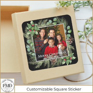 Merry Christmas Photo Wreath Botanical Square Sticker